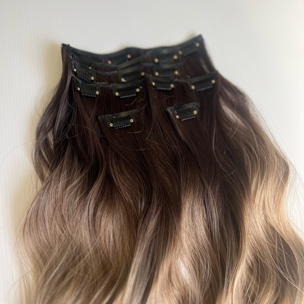 Water Wave Brown to Ash Blonde Balayage Clip in Hair Extensions Set - Picture 4 of 10